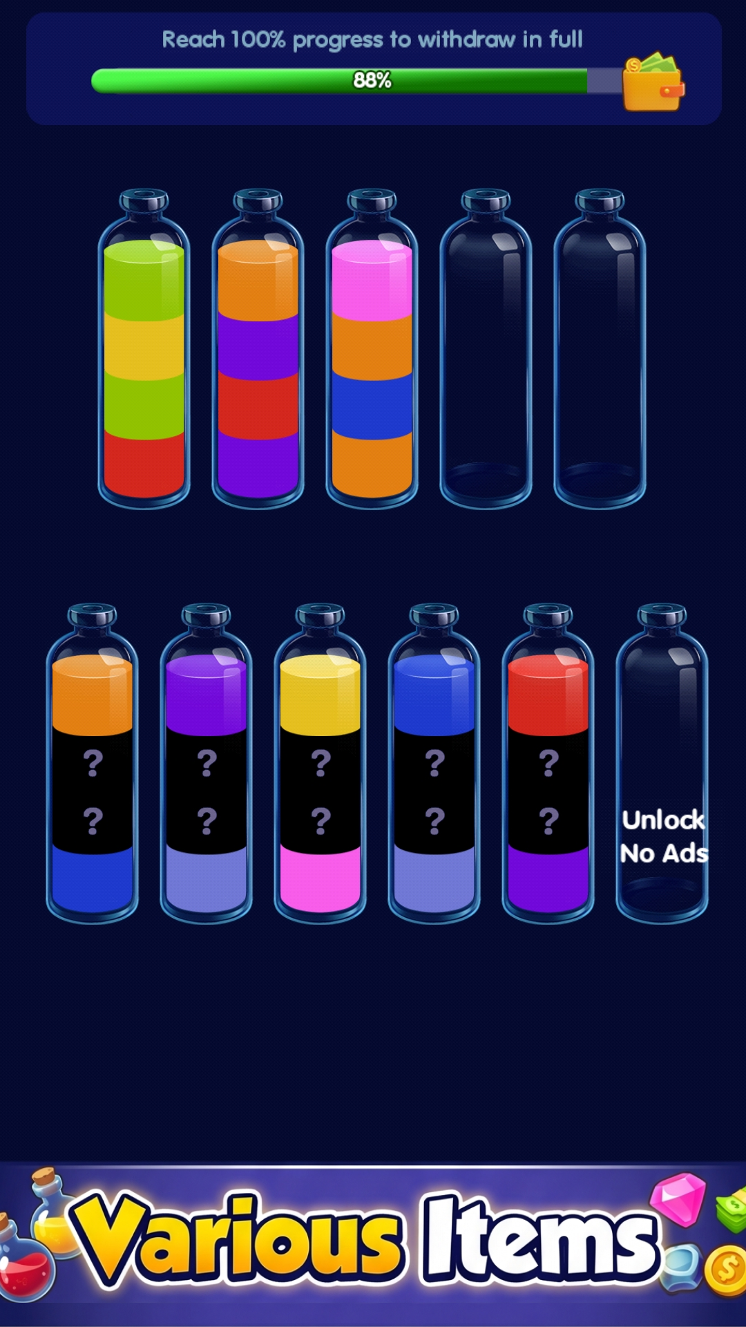 Water Sort World loading screen with colorful bottles