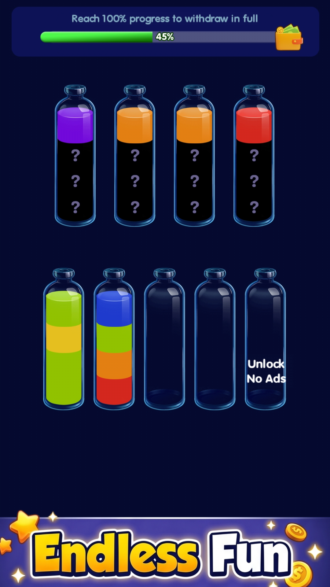 Water Sort World gameplay with progress bar