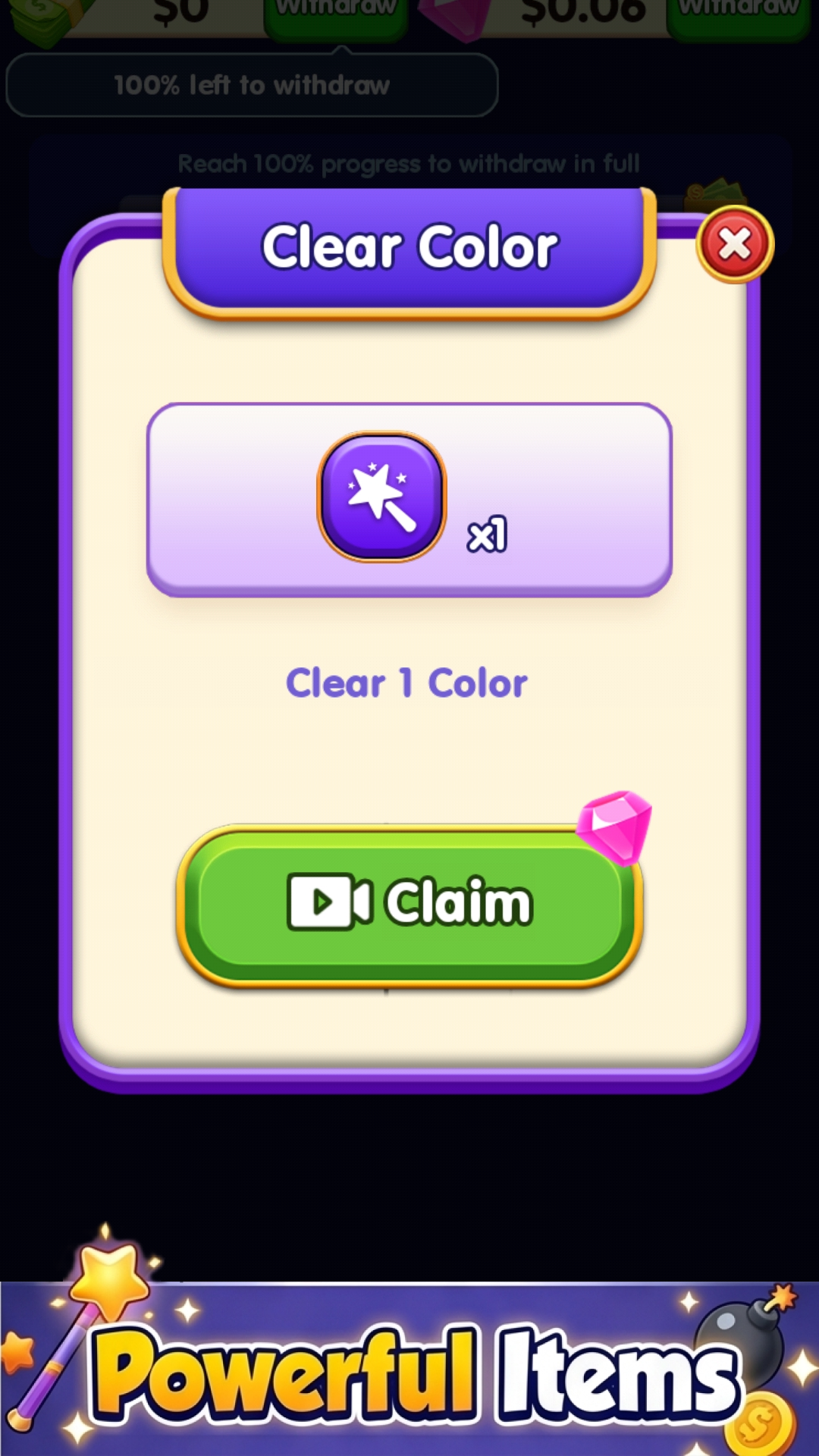 Water Sort World various items and rewards